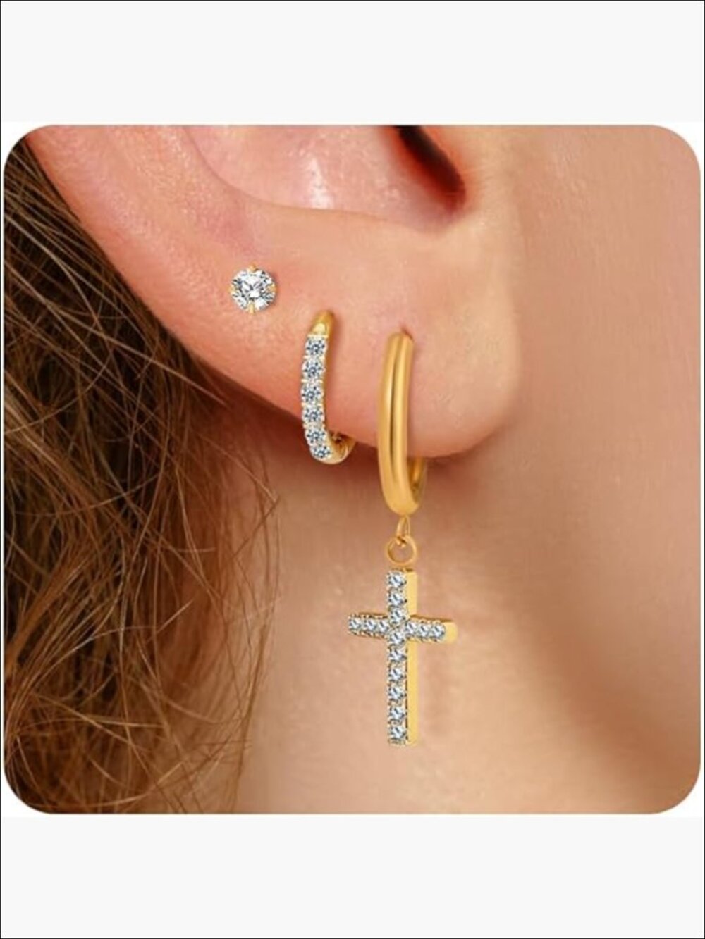 Surgical Steel Drop Dangle Huggie Hoop Earrings Set 14K Gold Plated